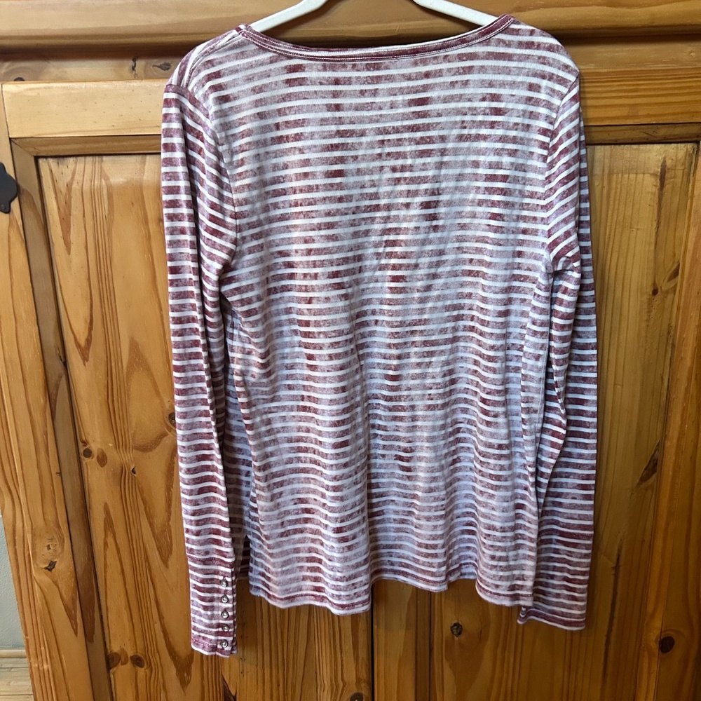 Lucky Lotus Top Cotton Long Sleeve Burgundy White Stripe Women's Size Large - Picture 5 of 7